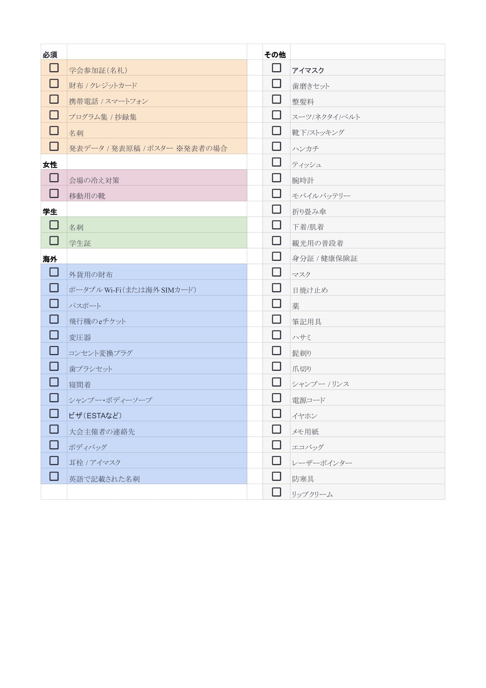 学会参加持ち物チェックリスト